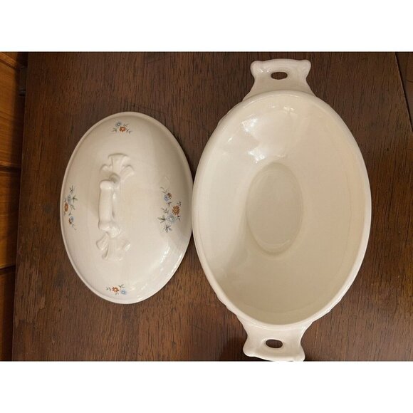 Vintage Ceramic Oval Dish Tureen With Lid With Plate Flower Design 7.5” x 5.5” - Picture 5 of 12